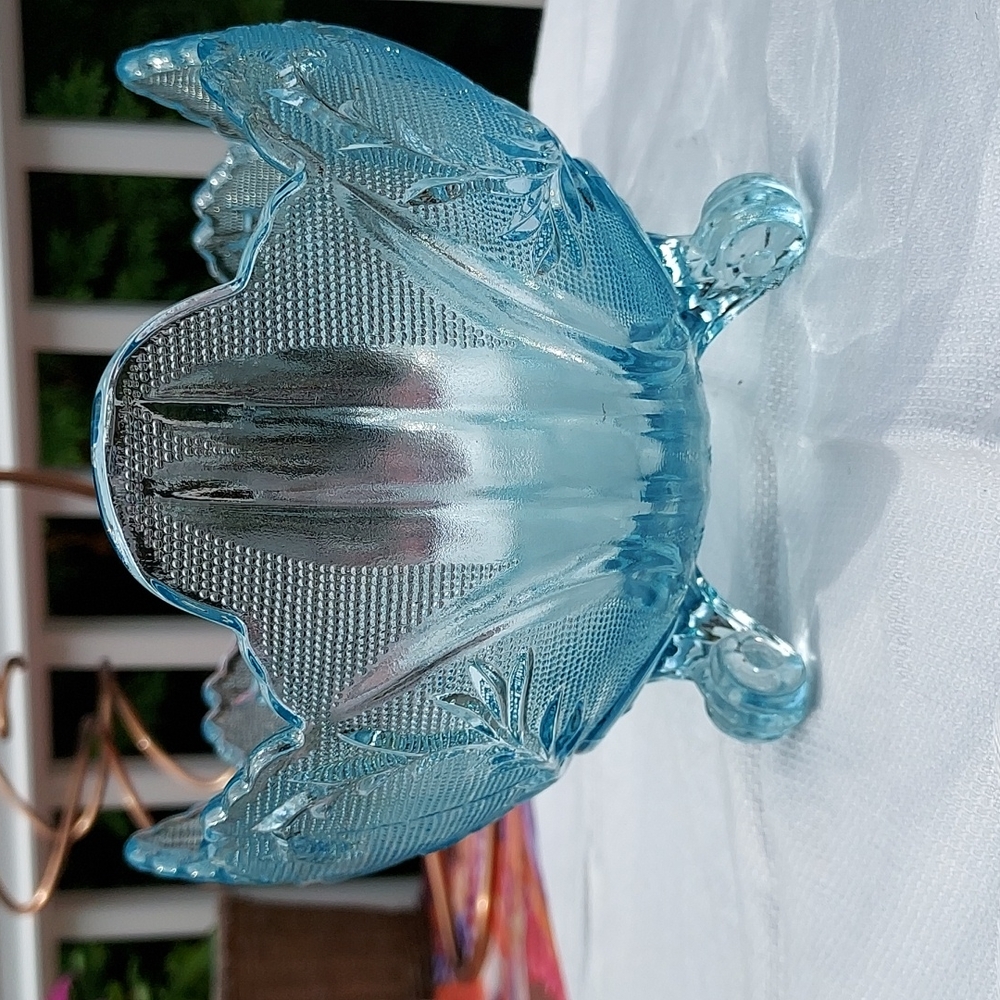 Vintage Jeannette mid century Pressed Glass Blue Footed Hombre  Compote Bowl MCM - Picture 10 of 17